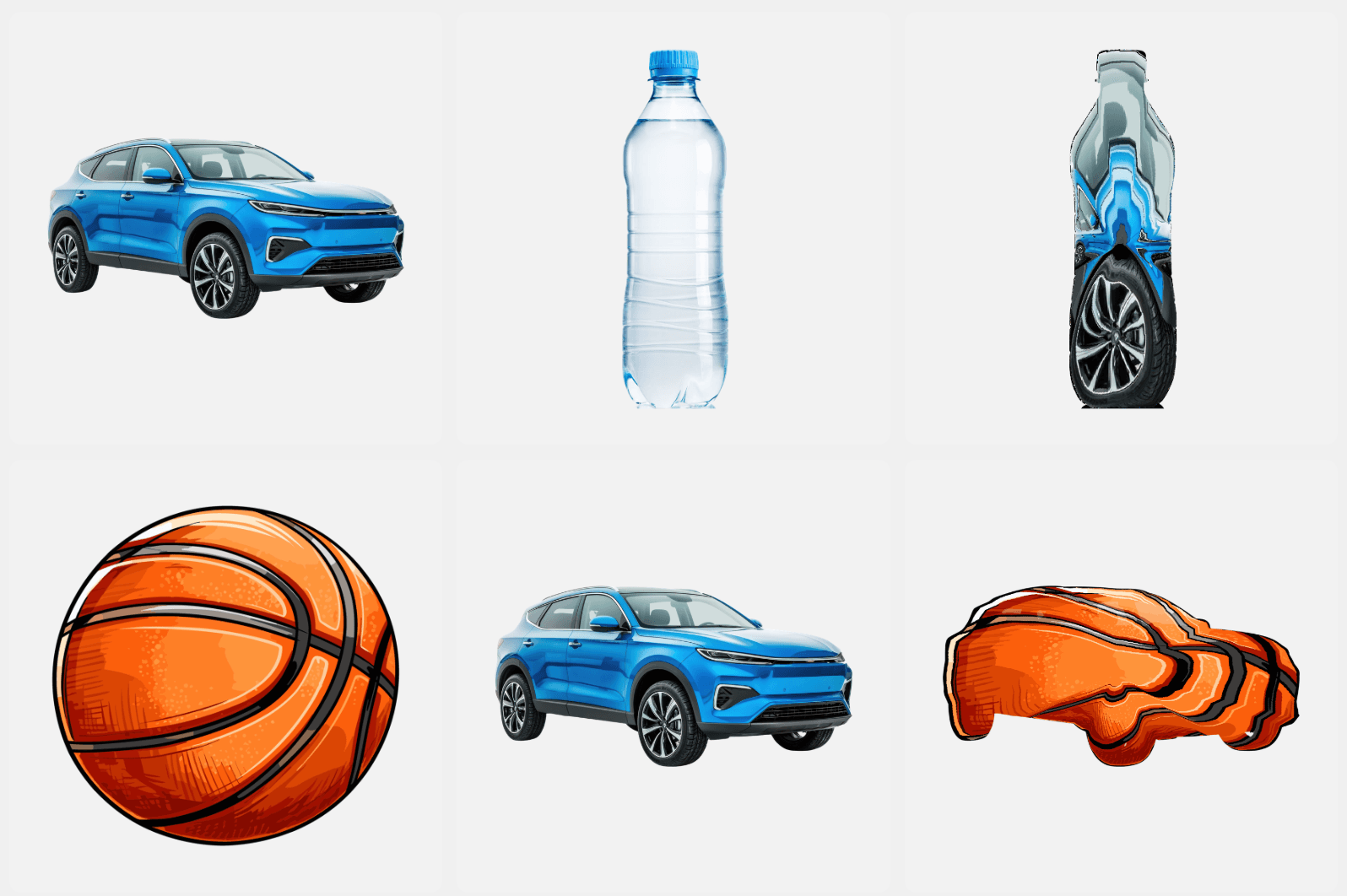 A car distorted into a bottle shape, and a basketball distorted into a car shape.
