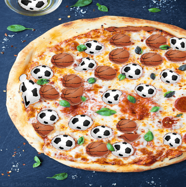 A pepperoni pizza where the pepperonis are replaced with basketballs and footballs